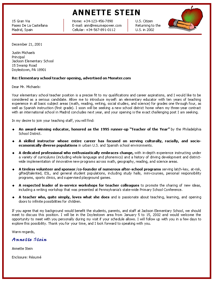 cover letter for teacher job application