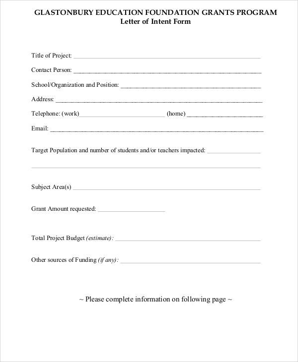 letter of intent grant application sample