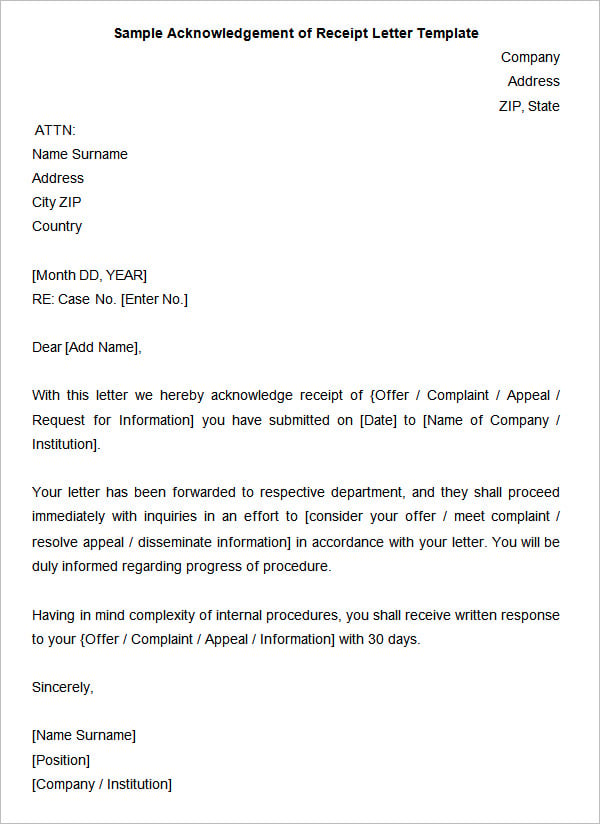 acknowledgement of receipt of application letter