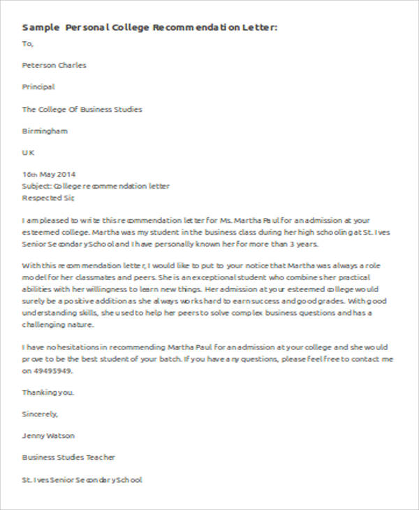 reference letter for university application