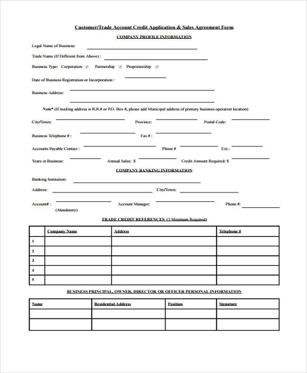 customer credit application form template